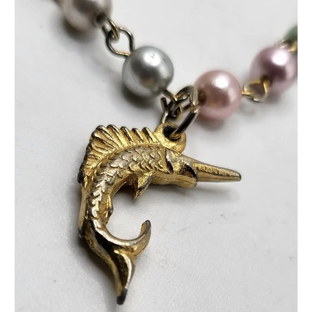 Vintage Charm Bracelet Ocean Nautical Seahorse Palm Trees Alligator Fish Pearl - Picture 8 of 11